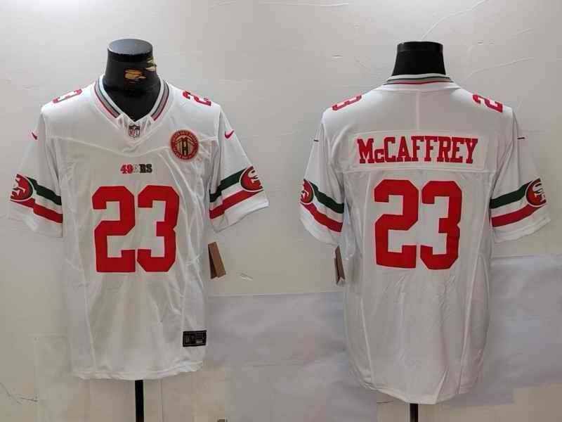 Men's San Francisco 49ers #23 Christian McCaffrey White 2023 F.U.S.E. With Gate Bridge Patch Vapor Untouchable Limited Stitched Football Jersey
